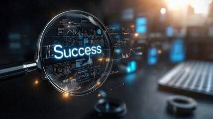 magnifying on word in business concept. A magnifying glass highlights the word "Success" amidst a digital backdrop.