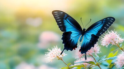 Fototapeta premium Vibrant blue butterfly perched on pink flowers in a sunlit garden