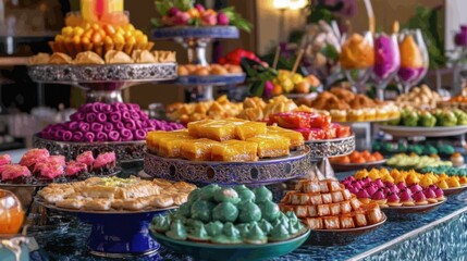 A colorful display of Ramadan desserts like baklava and qatayef