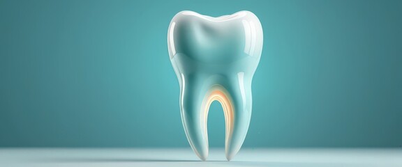 Glossy tooth anatomy on turquoise background.