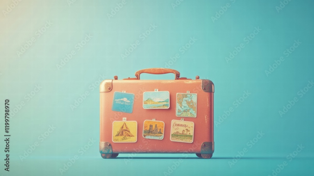 Poster retro suitcase covered with travel stickers evokes memories of adventures and journeys from various 
