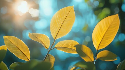 Bright golden leaves glowing in sunlight with a serene background of blurred greenery