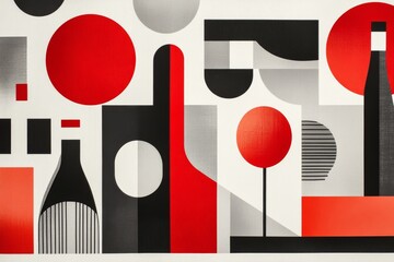 A bold, geometric pattern of wine glasses and bottles, repeated in a modern monochromatic palette with subtle red accents