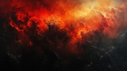Naklejka premium Intense fiery red and orange abstract background with dark, smoky undertones, resembling a volcanic eruption or inferno, conveying a sense of heat, power, and destruction.