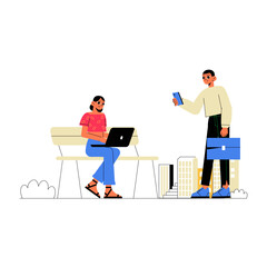 Woman Working On Laptop And Man Holding Smartphone In Flat Vector Illustration Symbolizing Remote Work, Technology, And Digital Interaction, Isolated On White Background.