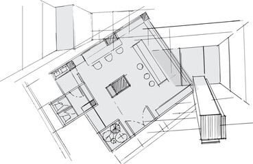 Drawing exterior and interior architectural lines. , Graphic assembly in architecture and interior design work. ,Sketch ideas for interior or exterior designs.