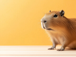 Fototapeta premium Capybara Portrait Against Yellow Background: Charming Rodent on Wooden Surface
