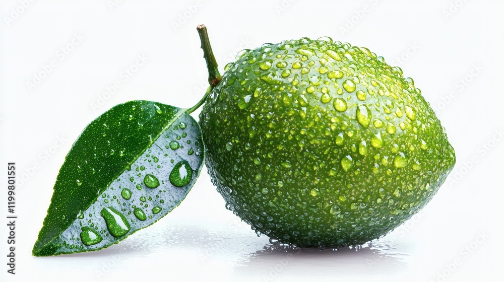 Poster Isolated of a single guava with water droplets on its skin positioned centrally on a seamless white background Stock Photo with side copy space