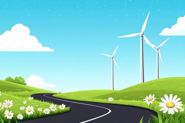Winding Country Road with Wind Turbines - Scenic countryside road curves through lush green hills, under a bright blue sky, dotted with daisies and wind turbines symbolizing nature, energy, journey, f