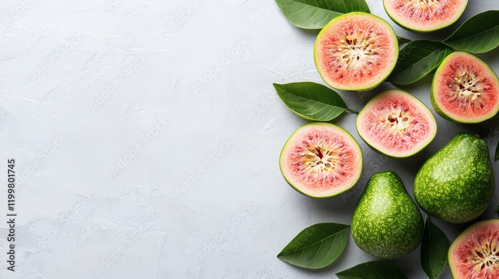 Poster Isolated of guavas with leaves attached scattered naturally across a white background for a fresh appearance Stock Photo with side copy space