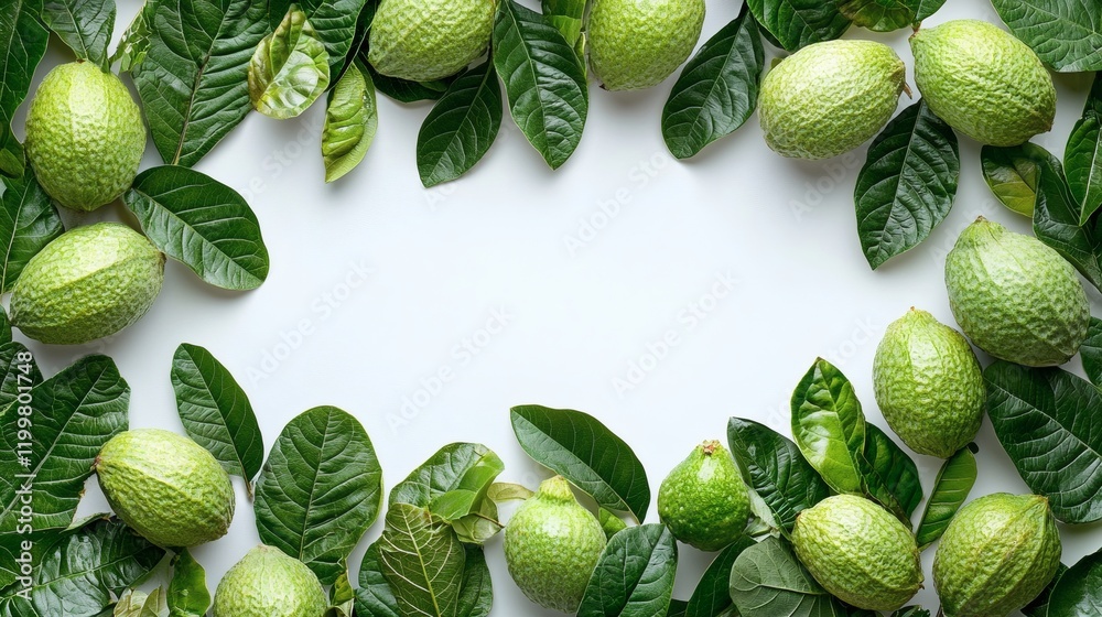 Poster Isolated of guavas with leaves attached scattered naturally across a white background for a fresh appearance Stock Photo with side copy space