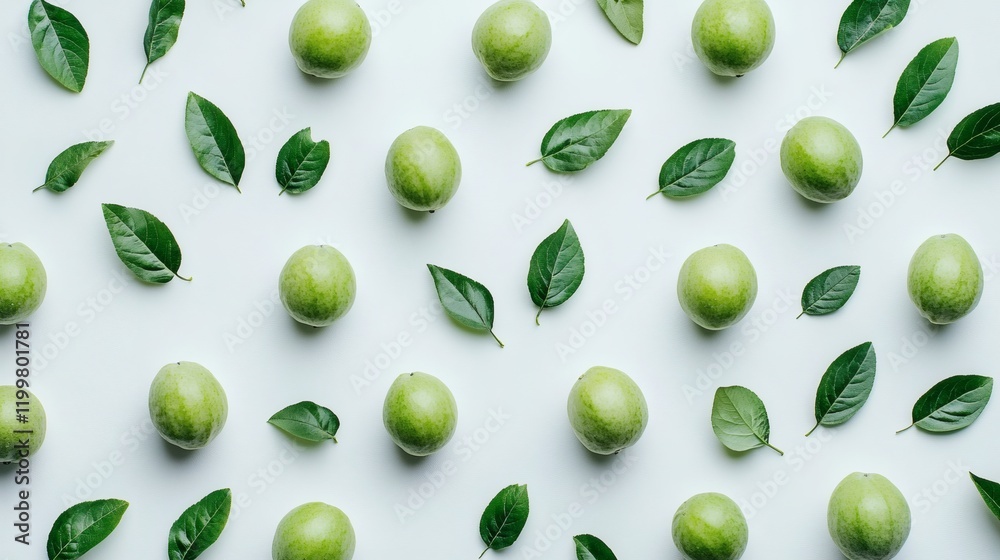 Aufkleber isolated of guavas with leaves attached scattered naturally across a white background for a fresh ap