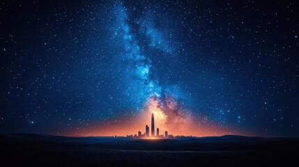 A stunning night sky filled with stars and the Milky Way, illuminating a silhouetted city skyline on the horizon.