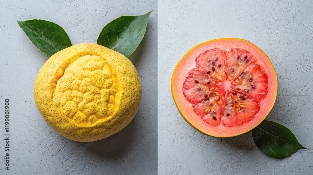 Aufkleber isolated of guava halves placed next to whole fruits on a seamless white background showcasing their