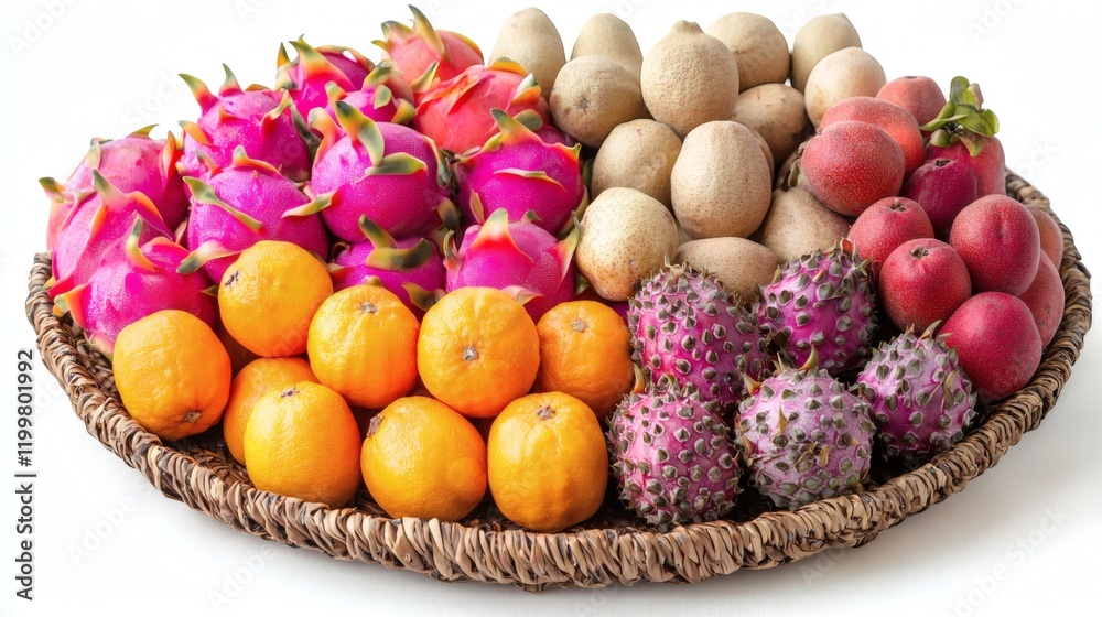 Leinwandbilder isolated of dragon fruit and guava arranged together in a rustic basket creating a tropical presenta