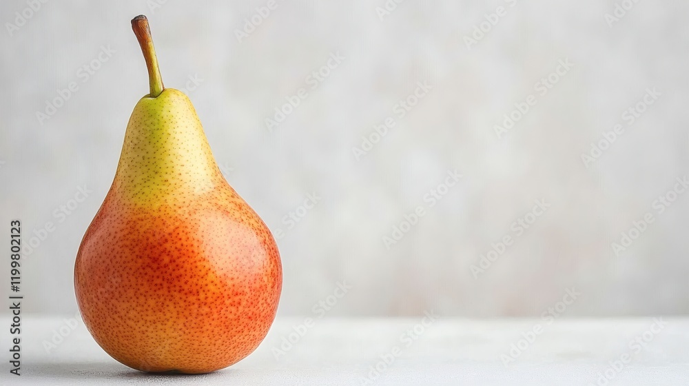 Poster Isolated of a single ripe yellow pear with a smooth surface and a green stem placed on a plain white background Stock Photo with side copy space