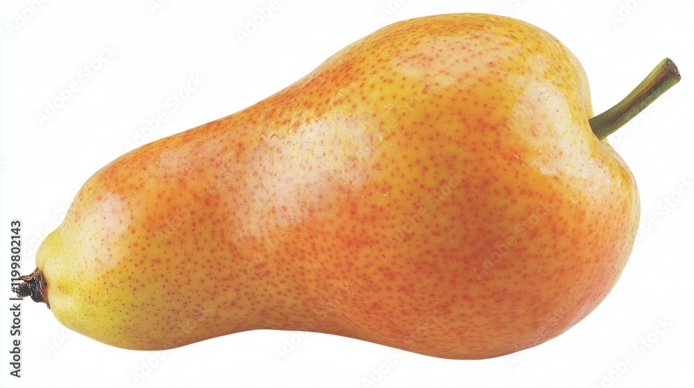 Aufkleber Isolated of a single ripe yellow pear with a smooth surface and a green stem placed on a plain white background Stock Photo with side copy space
