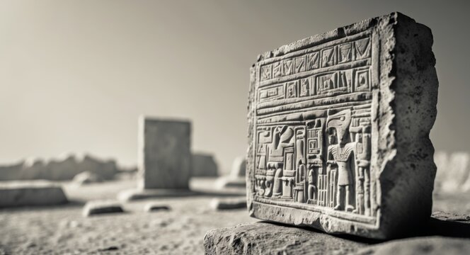 Archaeological site with ancient artifacts and hieroglyphic carvings