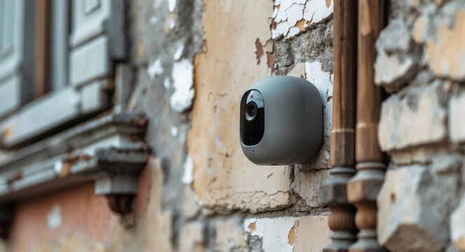 gray smart home security camera mounted on the wall of an old building