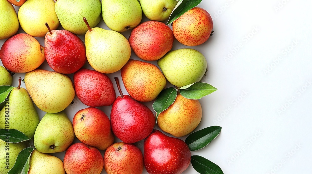 Poster Isolated of a group of mixed pears including green yellow and red varieties stacked together on a white background Stock Photo with side copy space