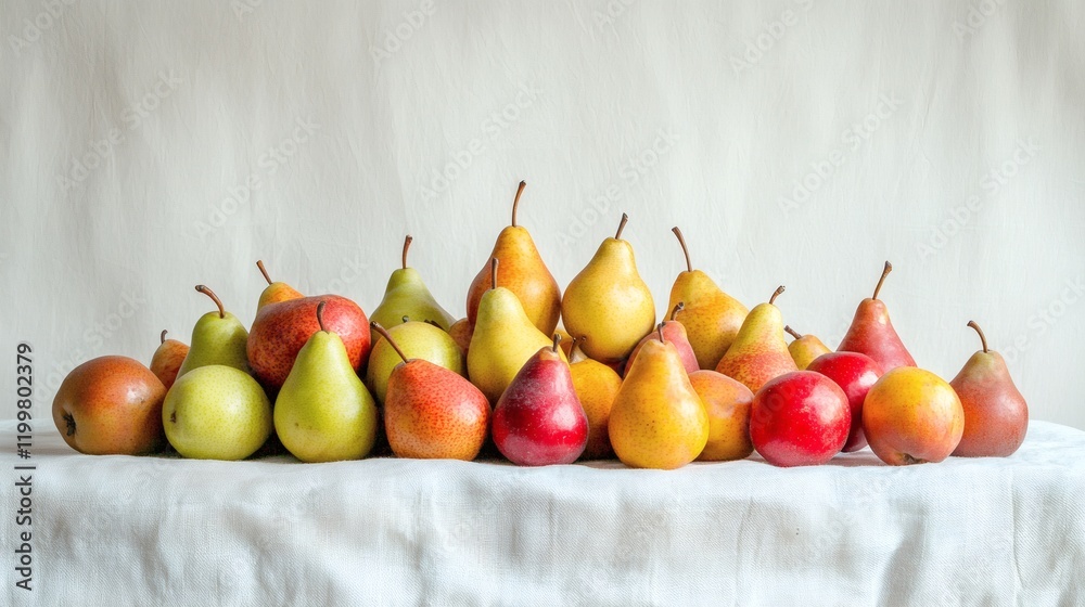 Poster Isolated of a group of mixed pears including green yellow and red varieties stacked together on a white background Stock Photo with side copy space