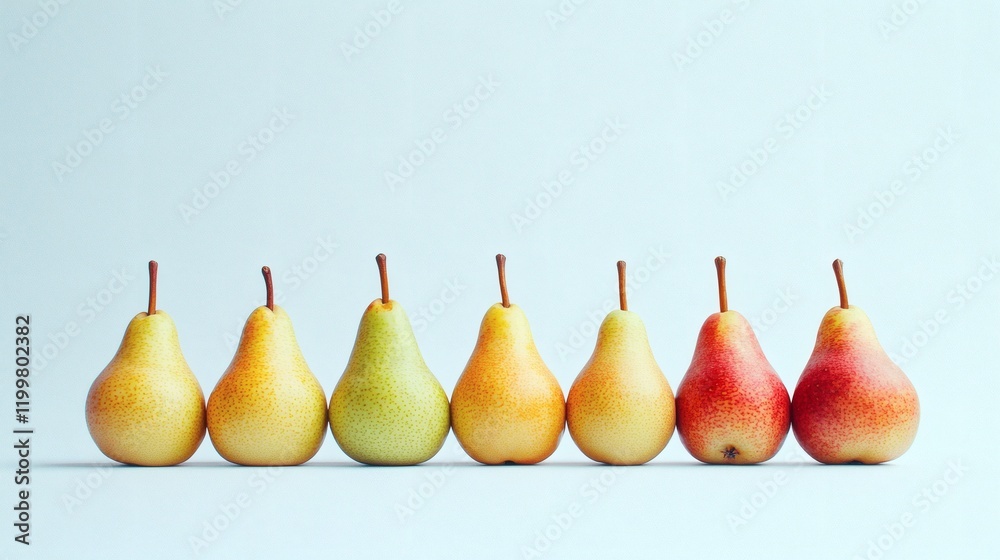 Aufkleber isolated of a group of mixed pears including green yellow and red varieties stacked together on a wh