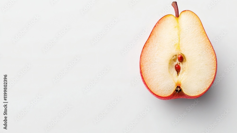 Poster Isolated of a single pear sliced in half showing the seeds and juicy texture on a seamless white background Stock Photo with side copy space