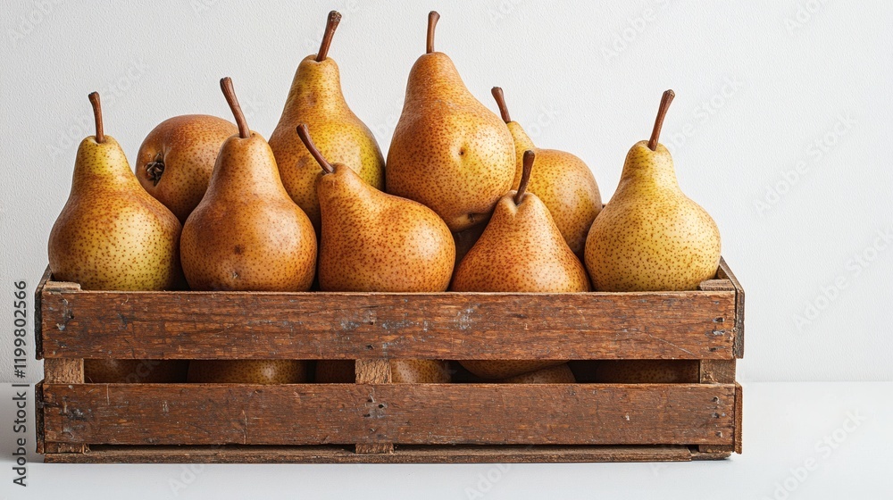 Poster isolated of pears placed inside a rustic wooden crate with a natural aesthetic on a plain white back