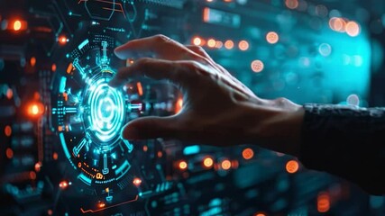 Video of a hand interacting with a futuristic interface is ideal for presenting technological innovations and digital solutions.
