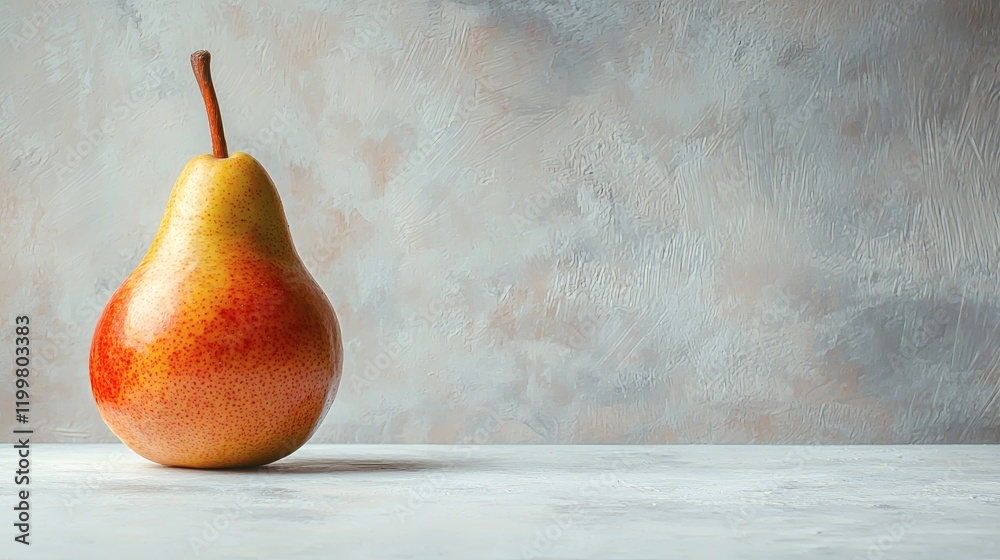 Poster isolated of a single ripe pear with a golden skin and a slight blush of red positioned on a plain wh