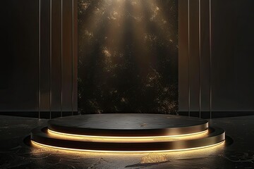 Background Black Podium Stage Gold Award Glitter Light 3D Platform Product Golden Pedestal
