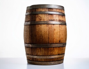 weathered wooden barrel standing upright against a white background