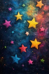 Colorful stars painted on dark, textured background.