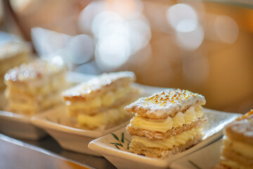 A close-up image of a plate of mille-feuille pastries.