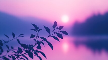 Silhouetted leaves against a vibrant sunset sky