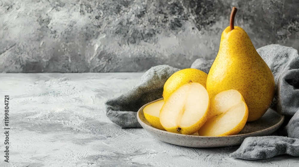 Poster isolated of a whole yellow pear next to thin slices positioned artfully on a small ceramic plate on 