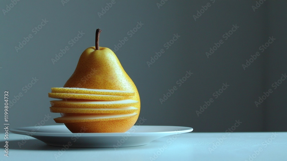 Poster isolated of a whole yellow pear next to thin slices positioned artfully on a small ceramic plate on 