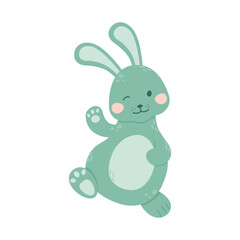 Сute rabbit is walking and waving his paw. Сheerful bunny.