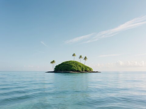 A blue ocean with a small island in the middle.