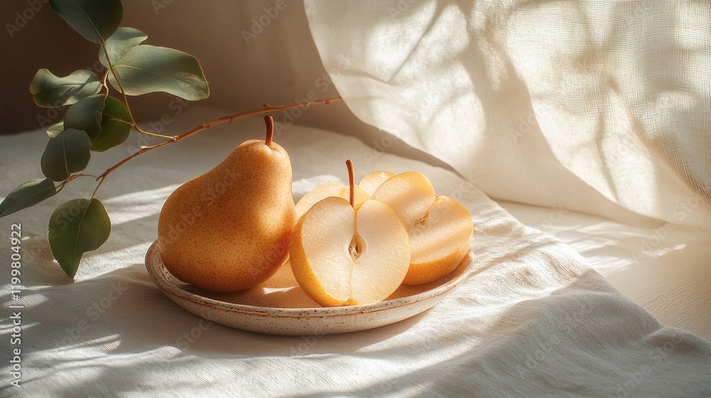Poster isolated of a whole yellow pear next to thin slices positioned artfully on a small ceramic plate on 