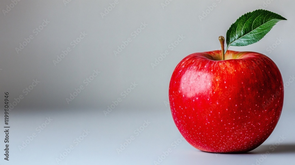 Poster Isolated of a single red apple with a glossy surface and a green leaf attached centered on a plain white background Stock Photo with side copy space