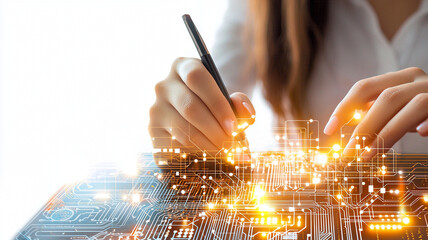 Creating an Innovative Motherboard, woman writing on digital surface with glowing circuit patterns, showcasing technology and innovation
