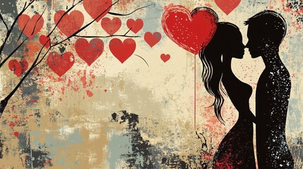 Fototapeta premium illustration showing a silhouette of couple in love with heart design on a grunge style background