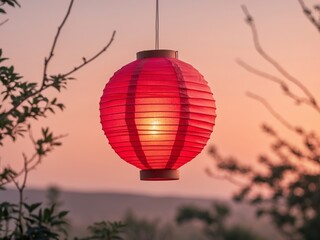 Obraz premium Vibrant Red Lantern Hanging in Scenic Outdoor Setting at Dusk.