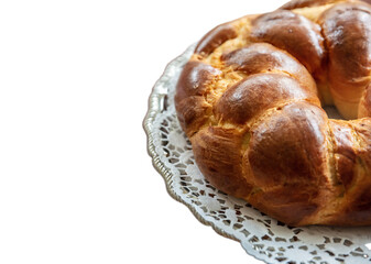 Easter greek tsoureki braid, round sweet bread brioche isolated on white transparent