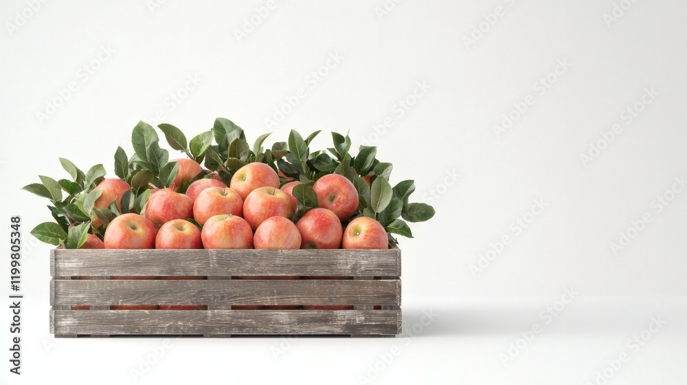 Poster Isolated of fresh apples in a wooden crate arranged neatly on a seamless white background Stock Photo with side copy space