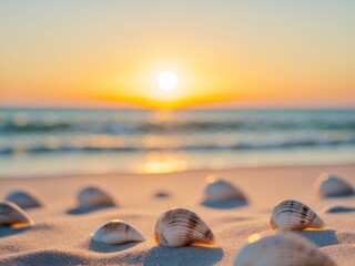 Summer Shells Silhouette Beach Sunset Ocean Wave Sandy Shore.