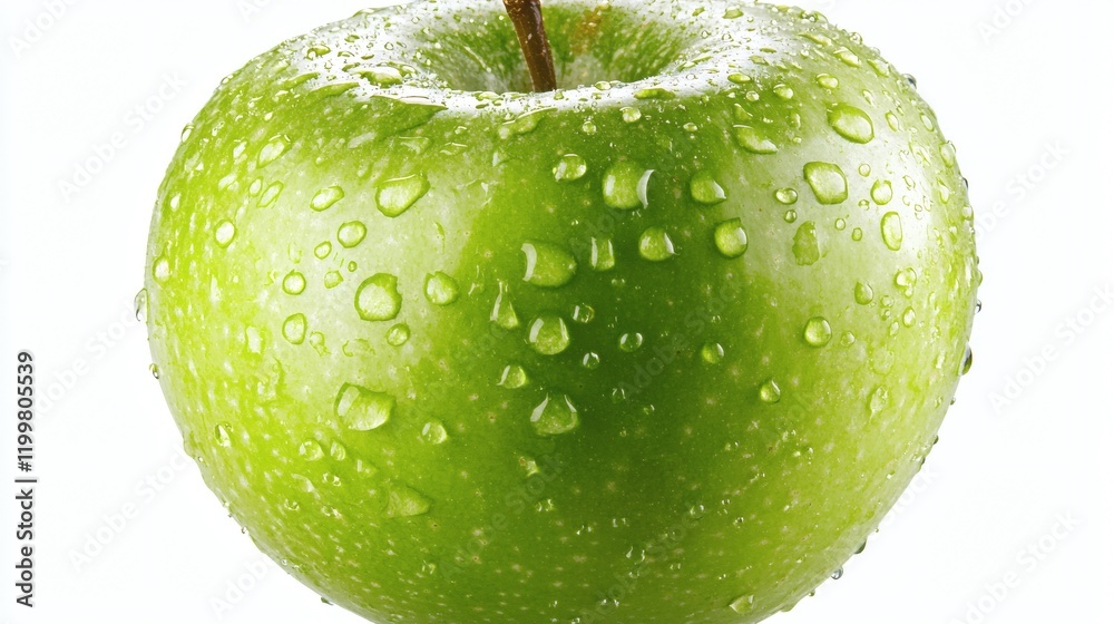 Poster isolated of a green apple with water droplets on the skin positioned on a clean white background sto