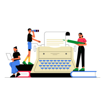 Group Writing Around Typewriter In Flat Vector Illustration Symbolizing Collaboration, Creativity, And Storytelling, Isolated On White Background.