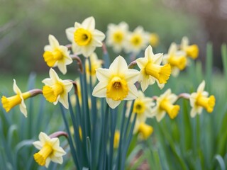 Fototapeta premium Bright and Cheerful Yellow Daffodils in a Lush Green Garden Setting